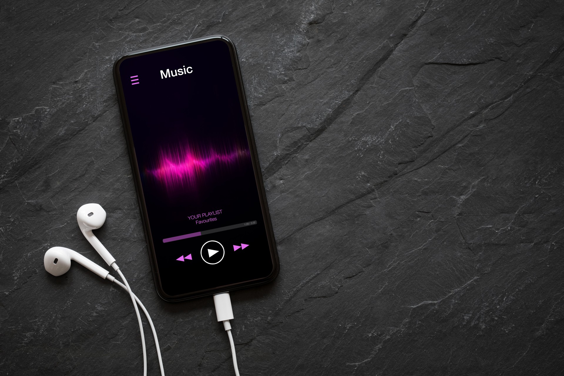 Music player on mobile phone with earphones